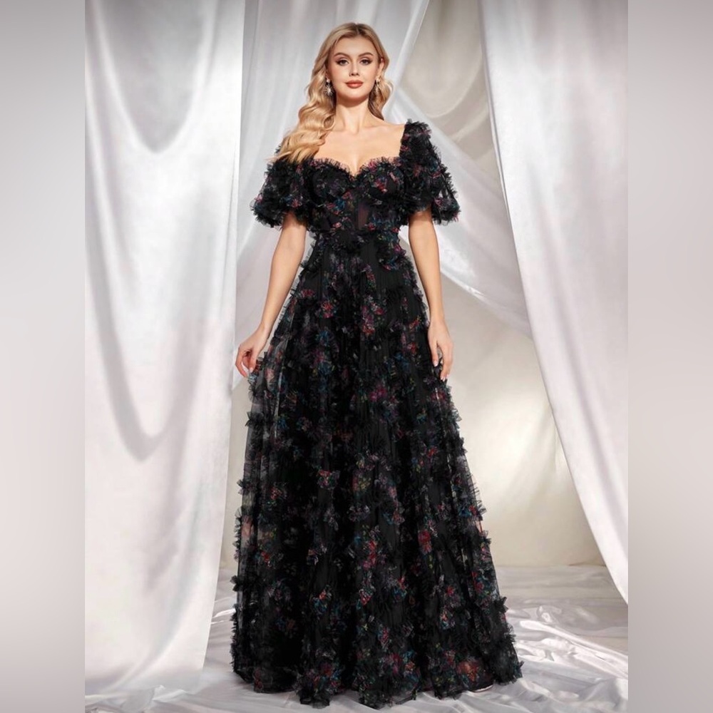 SHEIN Black Multicolor Floral Wedding Dress